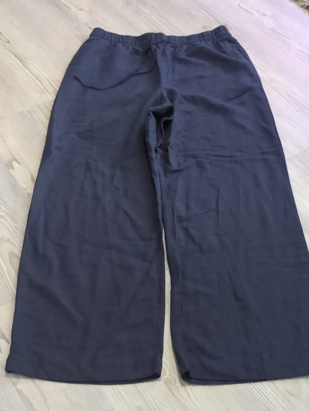 H&M Linen Blend Wide Leg Pull On Pants Blue Medium Elastic Waist Pockets